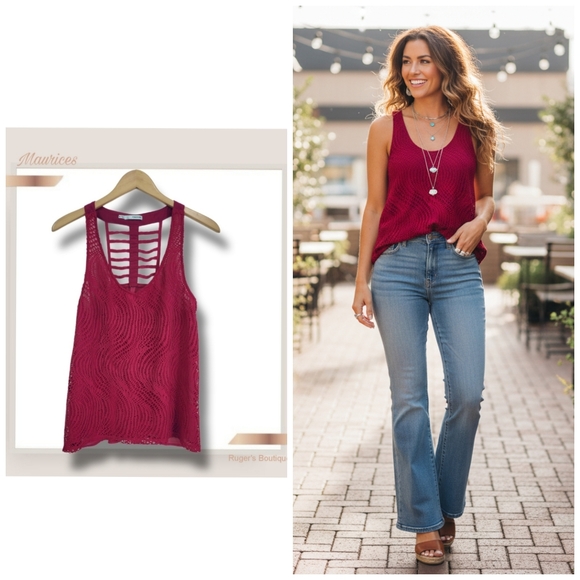 Maurices Tops - 🌿Maurices Women's Medium Burgundy Lace Brocade Racerback Lattice Sleeveless Top